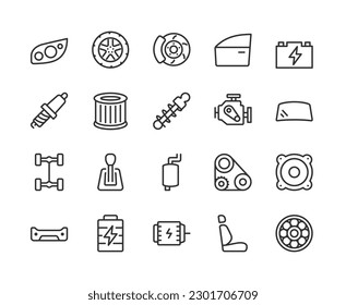 Car parts, icon set. Repair and maintenance. Auto Service. Components and accessories for different models of cars. service stations linear icons. Line with editable stroke. Line with editable stroke