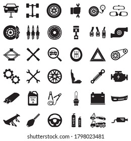 Car Parts Icons. Black Flat Design. Vector Illustration.