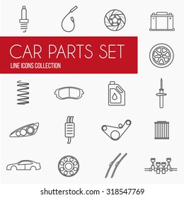 Car parts icons. Gray linear icons of auto spare parts for website menu buttons