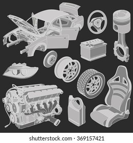 Car Parts Icons Isometric Vector