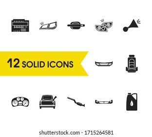 Car parts icons set with car beep, car microcircuit and bumper elements. Set of car parts icons and headlights concept. Editable vector elements for logo app UI design.