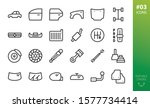 Car parts icons set. Set of car body, car door, fender, hood, grille, brake disk, piston, mats, windshield, wipers, side-mirror, cv-joint, shock-absorber, drive-shaft vector outline icons