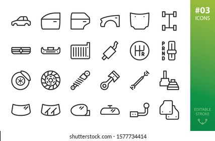 Car parts icons set. Set of car body, car door, fender, hood, grille, brake disk, piston, mats, windshield, wipers, side-mirror, cv-joint, shock-absorber, drive-shaft vector outline icons