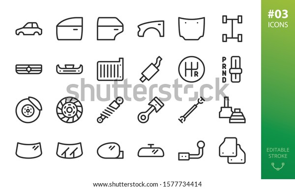 Car parts icons set. Set of car body, car door,\
fender, hood, grille, brake disk, piston, mats, windshield, wipers,\
side-mirror, cv-joint, shock-absorber, drive-shaft vector outline\
icons