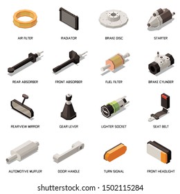 Car Parts Icons Set With Brake And Engine Isometric Isolated Vector Illustration