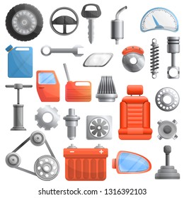 Car parts icons set. Cartoon set of car parts vector icons for web design