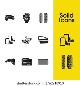 Car parts icons set with door, sun protectors and tail gate elements. Set of car parts icons and condensation concept. Editable vector elements for logo app UI design.