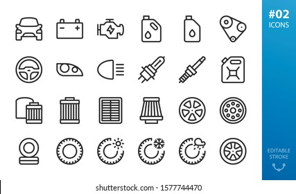 Car parts icons set. Set of engine, motor oil, oil can, air filters, oil filters, winter tires, allow wheels, summer tyres, car light, headlight, head lamp, spark plug, steering wheel isolated icons