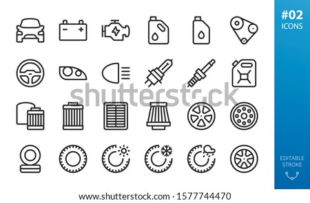 Car parts icons set. Set of engine, motor oil, oil can, air filters, oil filters, winter tires, allow wheels, summer tyres, car light, headlight, head lamp, spark plug, steering wheel isolated icons