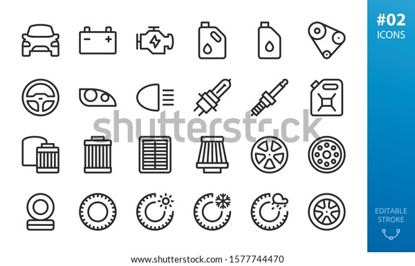 Car parts icons set. Set of engine, motor oil, oil\
can, air filters, oil filters, winter tires, allow wheels, summer\
tyres, car light, headlight, head lamp, spark plug, steering wheel\
isolated icons