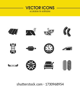 Car parts icons set with hoods, trunk and car trip meter elements. Set of car parts icons and machine concept. Editable vector elements for logo app UI design.