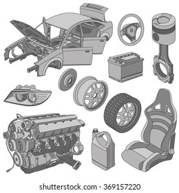 Car Parts Icons Set Isometric Vector