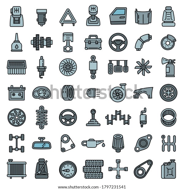 Car parts icons set.\
Outline set of car parts vector icons for web design isolated on\
white background