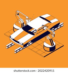 Car parts isometric composition with view of car body being assembled by manipulator arms plant facility vector illustration