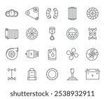 Car parts line art icon set automobile mechanic service vector illustration. Auto transportation technician repair garage engineering speedometer motor wheel gasoline oil accumulator transmission