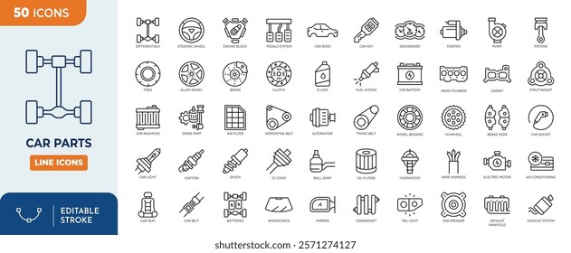 Car parts line editable icon set. Car spare parts icon collection. Vector illustration	