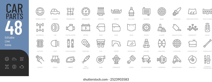 
Línea de piezas de coche Conjunto de iconos editables. Ilustración vectorial en línea delgada estilo moderno de la estructura del coche iconos relacionados: partes de la carrocería, tipos de motor, caja de cambios, partes internas, y más. Aislado en blanco
