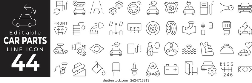 Car Parts Line Icon Set – Automotive Components, Maintenance