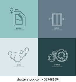 Car parts line icons 2 of 4 on four color blocks background 