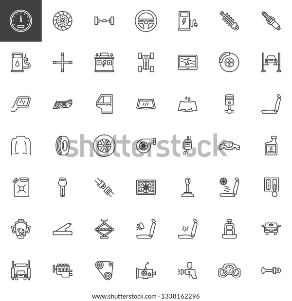 Car parts line icons set. linear style symbols
collection, outline signs pack. vector graphics. Set includes icons
as car speedometer, chassis , steering wheel, vehicle headlight,
auto windshield