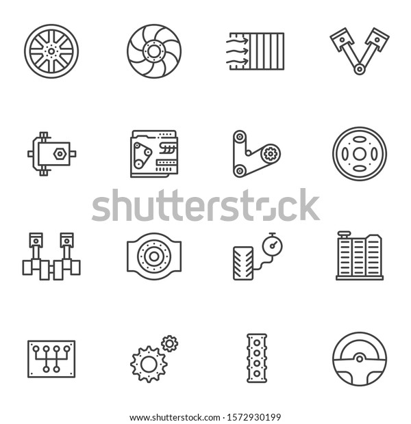 The car parts line icons set. linear style symbols\
collection, outline signs pack. vector graphics. Set includes icons\
as brake disk, steering wheel, car engine, transmission, piston\
system, gears