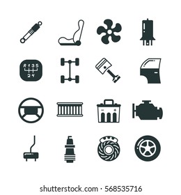 Car parts, mechanic vector icons set. Components and spare parts for car, illustration of parts for auto in black.