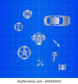 Car parts on blueprint.