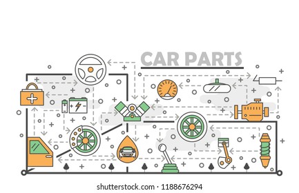 Car parts poster banner template. Auto spare parts vector thin line art flat style design elements, icons for web banners and printed materials.