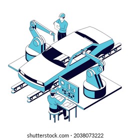 Car Parts Production Isometric Set With Human Character Of Worker Operating Arm Manipulators Assembling Car Body Vector Illustration