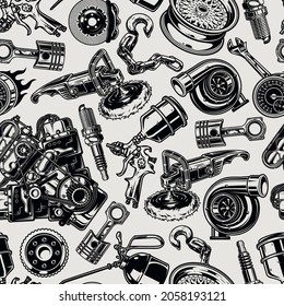 Car parts and repair tools seamless pattern with polishing machine towing chain wrench spray gun oiler turbocharger wheel rim engine brake disc piston spark plug speedometer vector illustration
