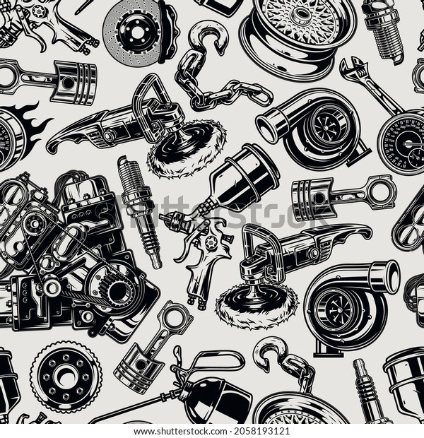 Car parts and repair tools seamless pattern\
with polishing machine towing chain wrench spray gun oiler\
turbocharger wheel rim engine brake disc piston spark plug\
speedometer vector\
illustration