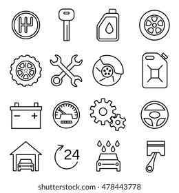 Car parts, services, auto repair thin line vector icons set. Battery and oil, brake and transmission illustration