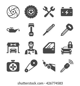 Car parts and car services icon set 1. Included the icons as garage, mechanic, car, engine, vehicle parts, tire and more.