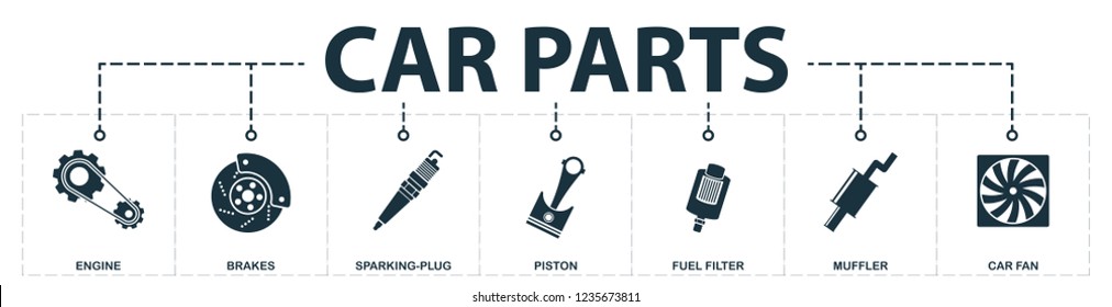 Car Parts set icons collection. Includes simple elements such as engine, brakes, sparking-plug, piston, fuel filter, muffler, car fan premium icons