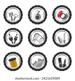 Car parts set. Vector 3D icons isolated on white background.