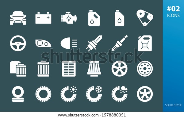 Car parts
solid icons set. Set of filters, tires, car lights, motor oil,
engine, timing belt, headlamp, headlight, air cabin filter, alloy
wheels, steel wheel glyph vector
icons