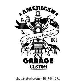 Car parts and spanners vector illustration. Chrome spark plug, crossed wrenches, garage custom text. Car service or garage concept for emblems or labels templates