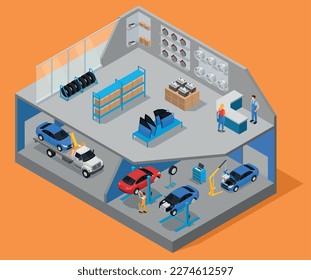 Car parts spares isometric composition with isolated view of two storey building with garage and shop vector illustration