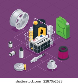 Car parts spares isometric composition with isolated spare details icons and shopping basket with purchased goods vector illustration