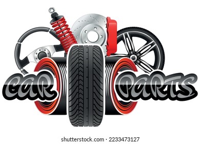 car parts, steering wheel, tire, brakes, shock absorber - logo design