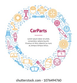 Car Parts Thin Line Banner Card Circle for Web and App Include of Battery, Wheel, Key and Piston. Vector illustration of Part Auto