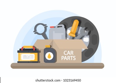 Car Parts In Tool Box. Car Repair Service.