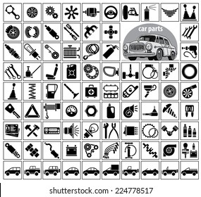 Car parts, tools and accessories. Eighty four icons and one image of a vintage car. Vector illustration on the white background svg