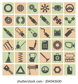 Car Parts, Tools And Accessories. Set Of Vector Icons