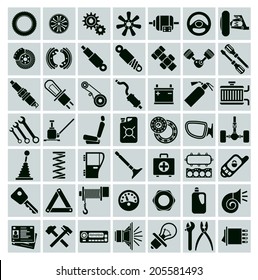 Car parts, tools and accessories. Set of vector icons