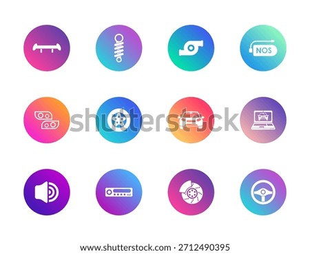 Car parts, tuning, diagnostics. Vector set of 12 round gradient icons featuring wheels, brakes, turbo, NOS, audio, and steering for automotive UI, customization, and repair apps.
