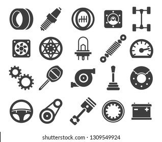 Car parts. Vector automotive part icons, engine motor and auto pad, spare filter and vehicle gearbox isolated on white background