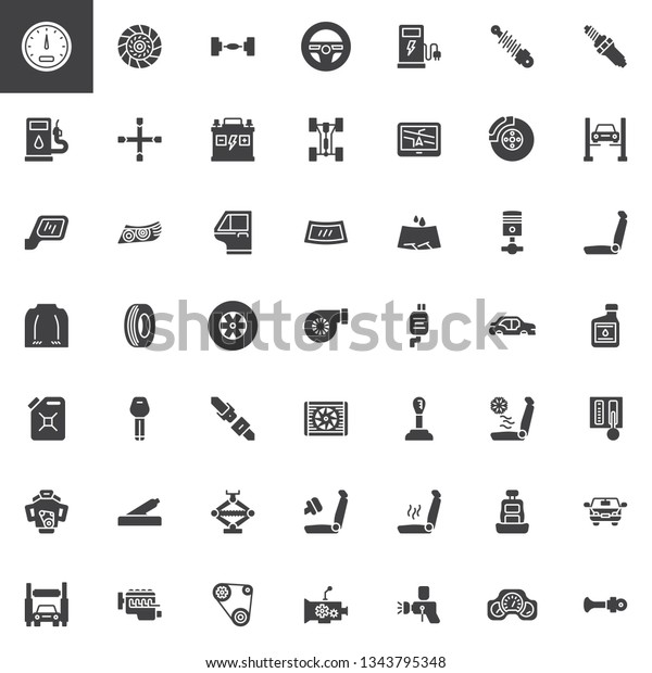 Car parts vector icons set, modern solid symbol\
collection, filled style pictogram pack. Signs, logo illustration.\
Set includes icons as car speedometer, chassis , steering wheel,\
vehicle headlight