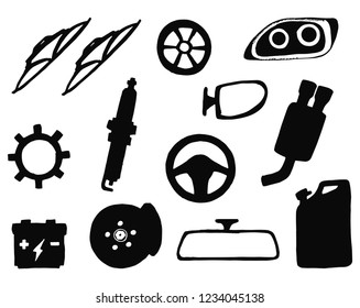 car parts vector silhouettes set. isolated objects.