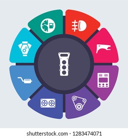 car parts vector template for infographics. Business concept with 9 options, steps, parts, segments. Banner infographic cycling diagram, round chart, gasket, fuel gauge, fog lamp icons